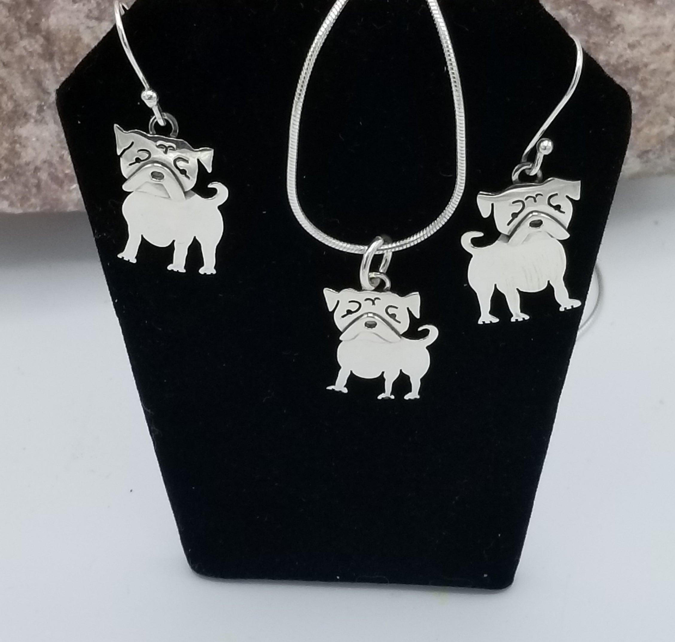 Bull dog Pendant and earrings - Sterling
