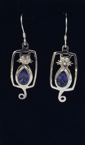 Cat earrings with Blue Quartz, Green Quartz or Amethyst