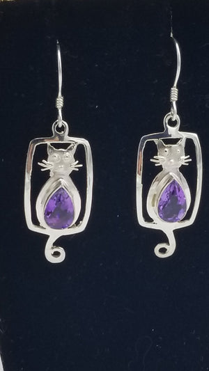 Cat earrings with Blue Quartz, Green Quartz or Amethyst