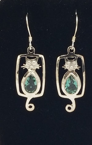 Cat earrings with Blue Quartz, Green Quartz or Amethyst