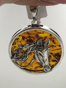 Baltic Amber large round horse pendant