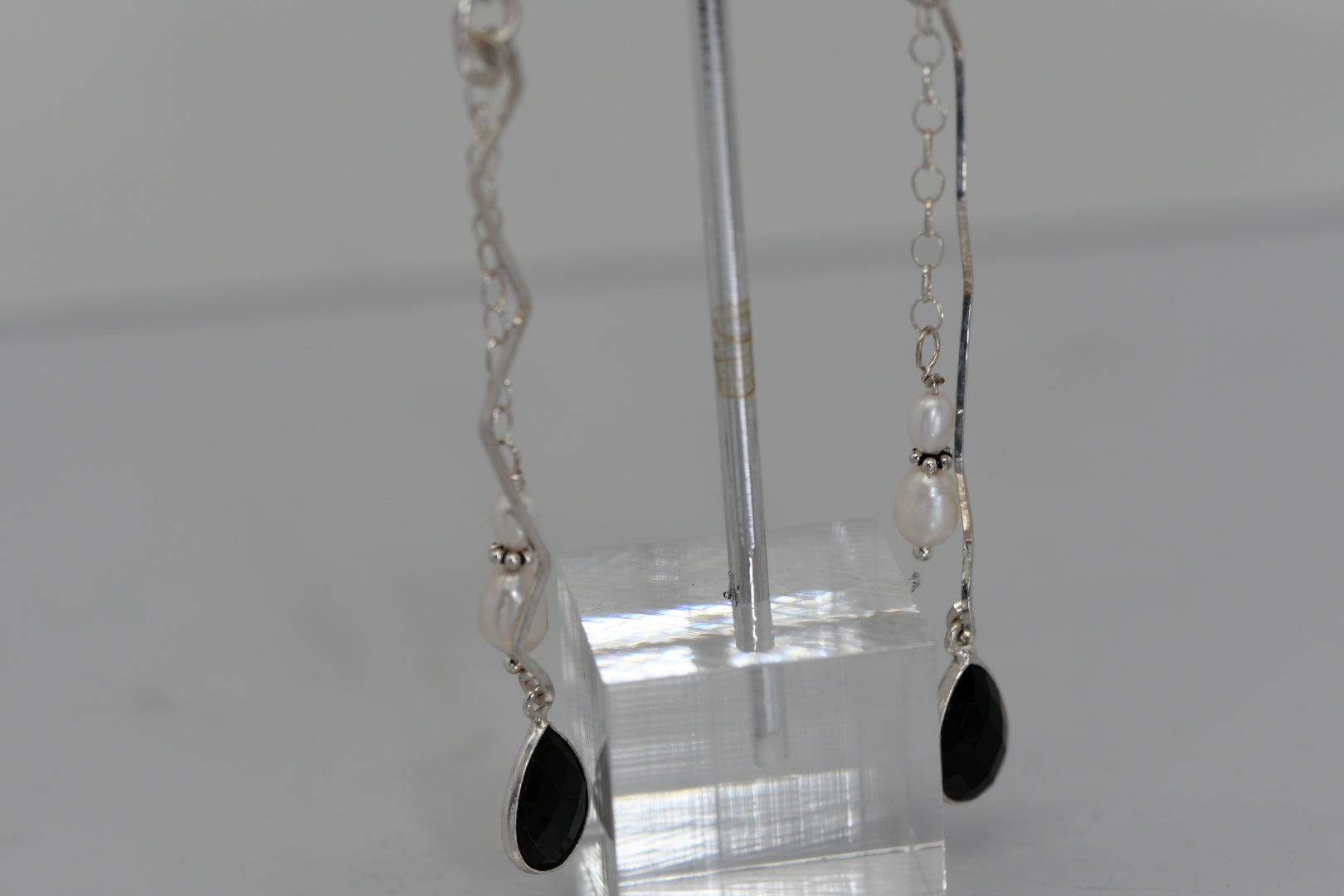 Hammered sterling silver earrings with pearls and black faceted crystal