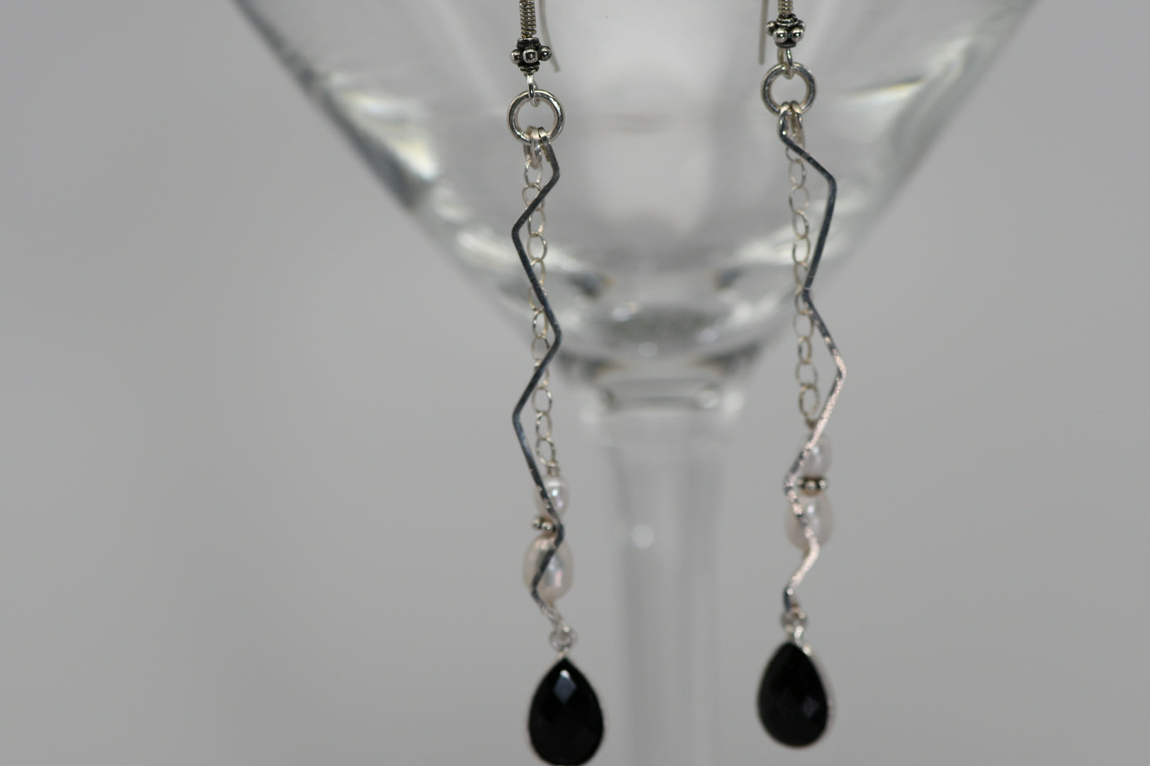 Hammered sterling silver earrings with pearls and black faceted crystal