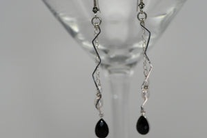 Hammered sterling silver earrings with pearls and black faceted crystal