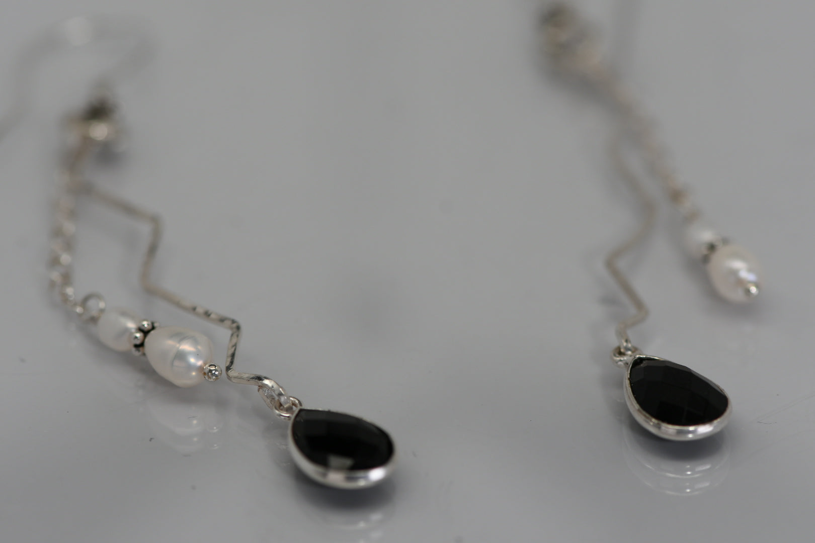 Hammered sterling silver earrings with pearls and black faceted crystal