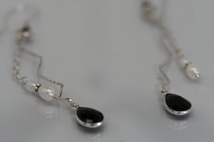 Hammered sterling silver earrings with pearls and black faceted crystal