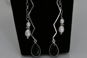 Hammered sterling silver earrings with pearls and black faceted crystal