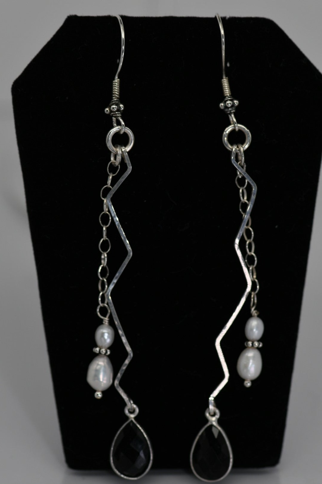 Hammered sterling silver earrings with pearls and black faceted crystal