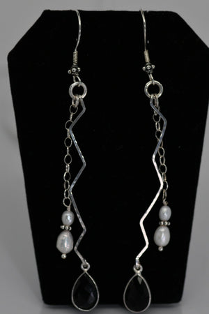 Hammered sterling silver earrings with pearls and black faceted crystal