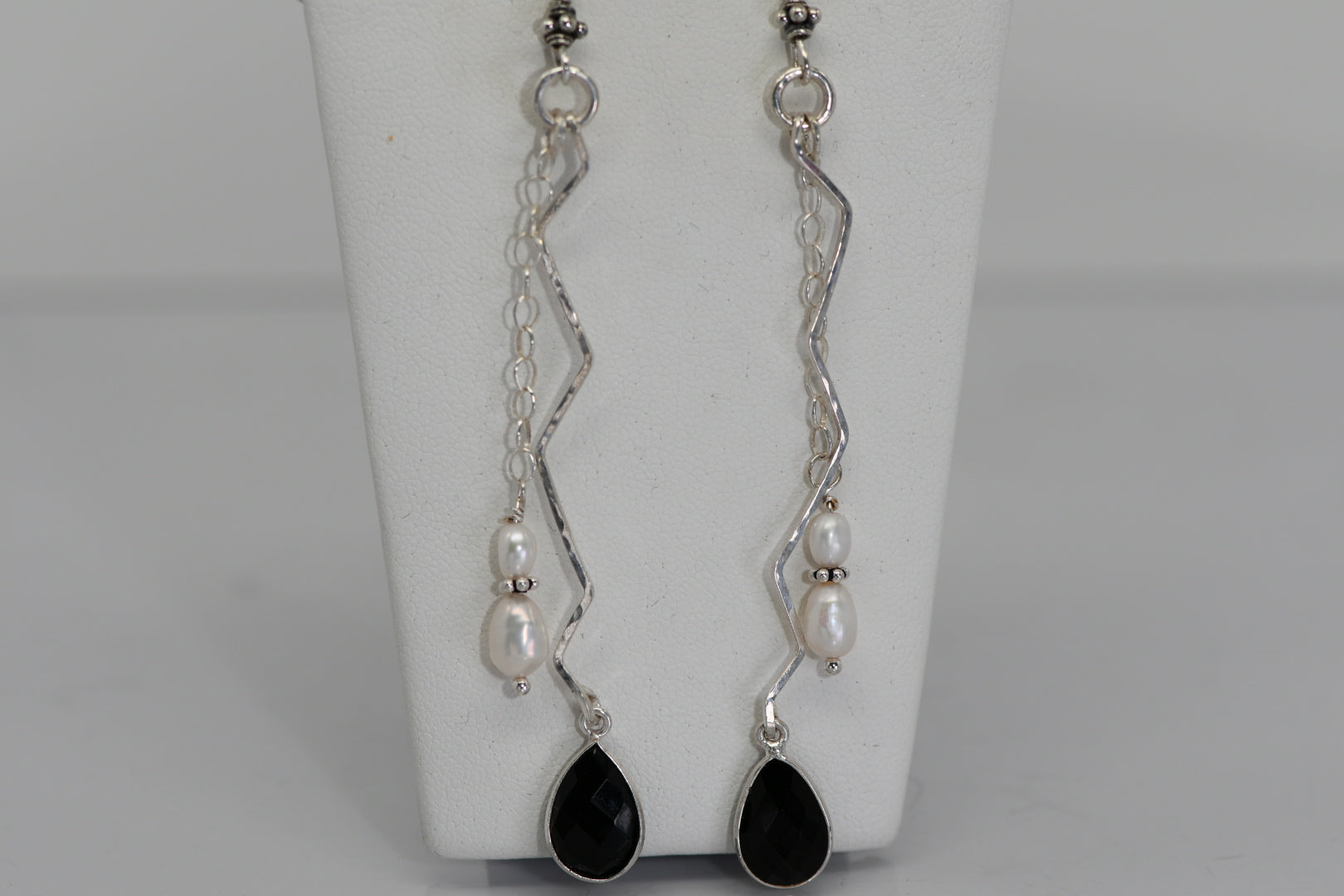 Hammered sterling silver earrings with pearls and black faceted crystal