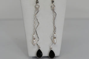 Hammered sterling silver earrings with pearls and black faceted crystal