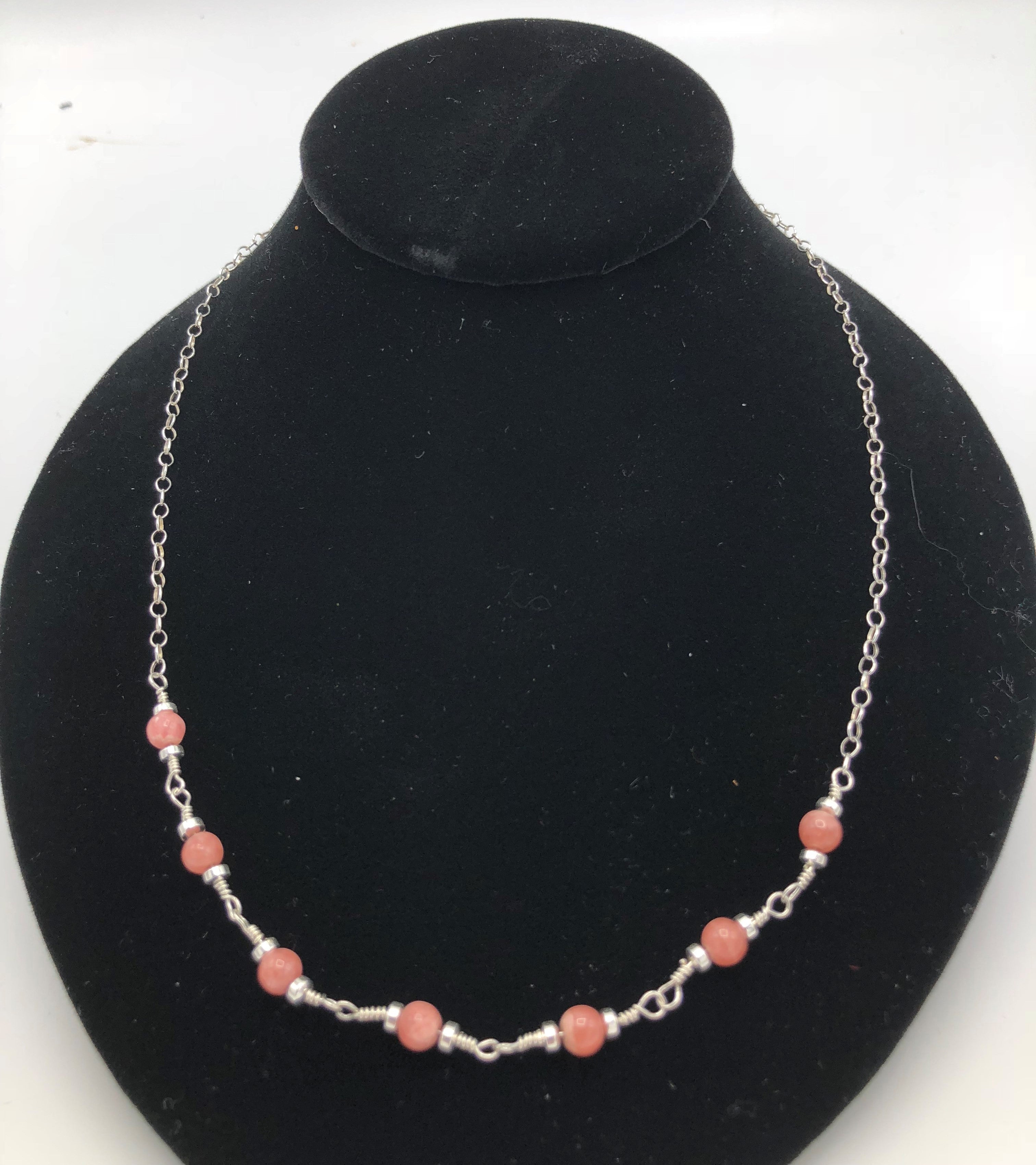 Beautiful twisted link rhodochrosite necklace with Sterling silver chain