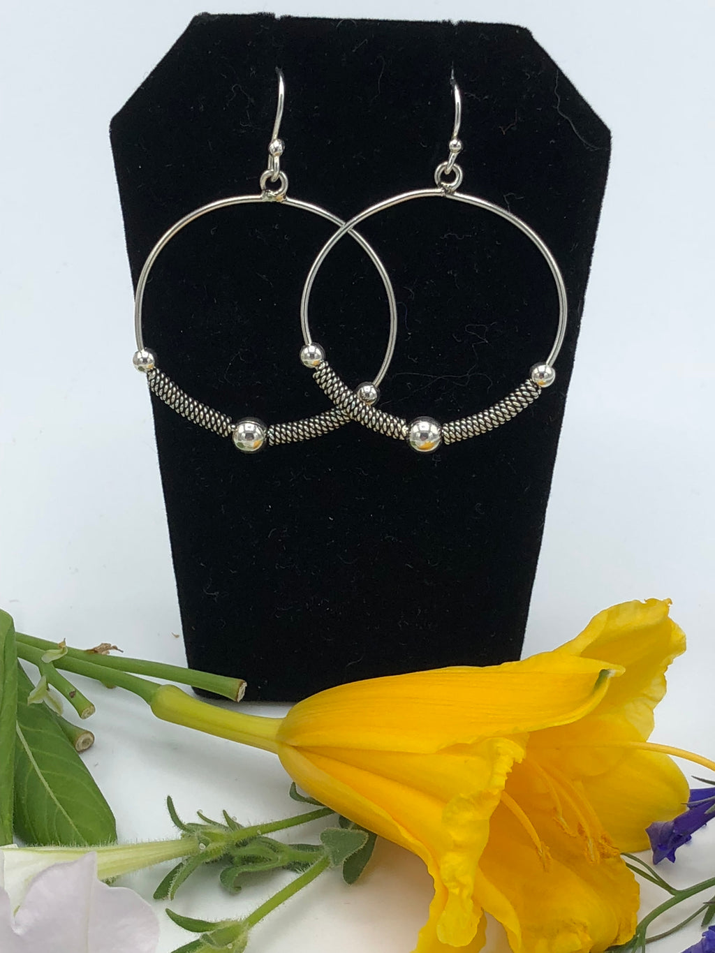 Sterling Earrings antique tone hoops with rope design and silver balls