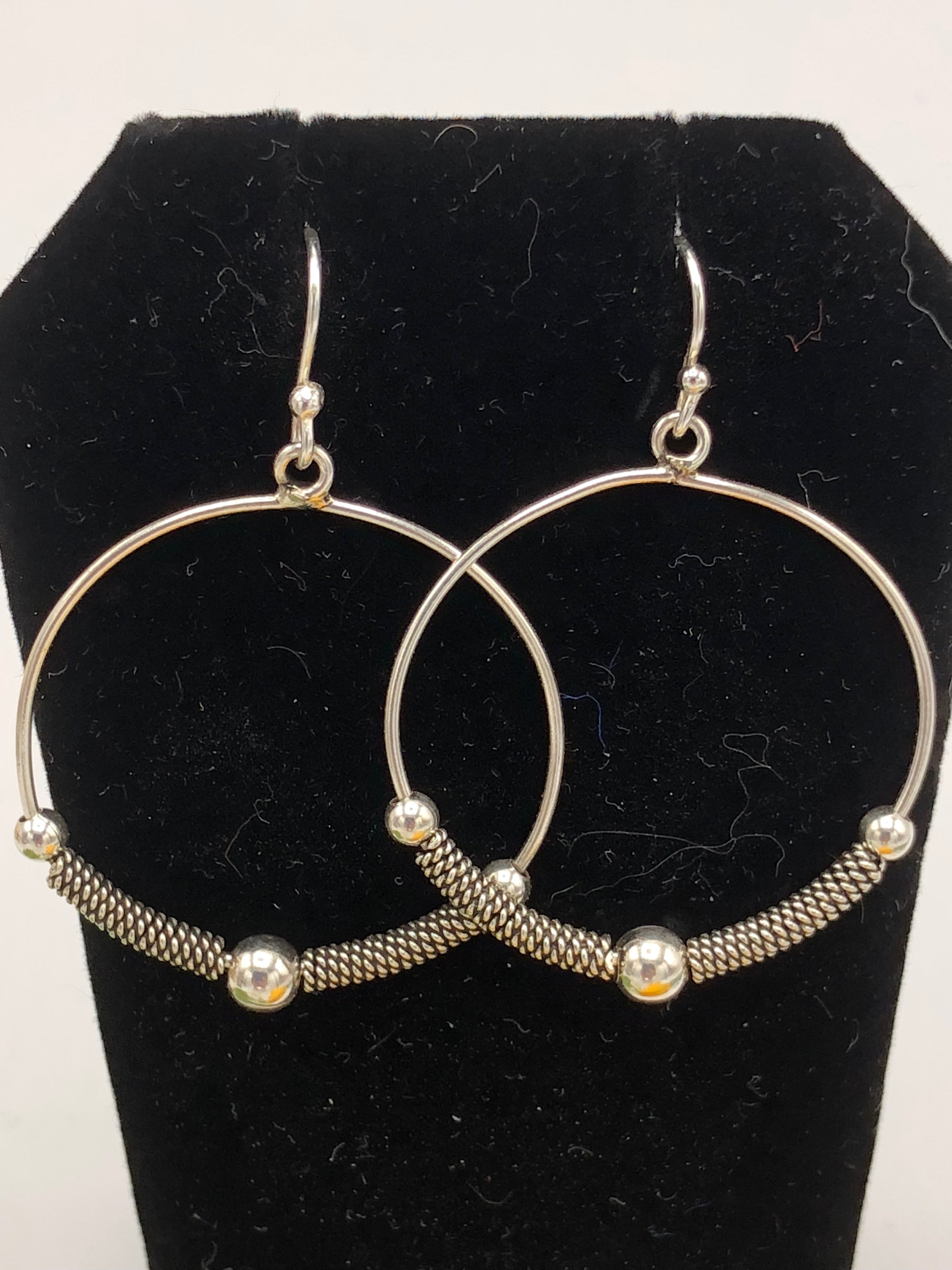 Sterling Earrings antique tone hoops with rope design and silver balls