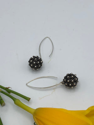 Sterling Earrings Silver detailed ball with antique tone unique ear hoop