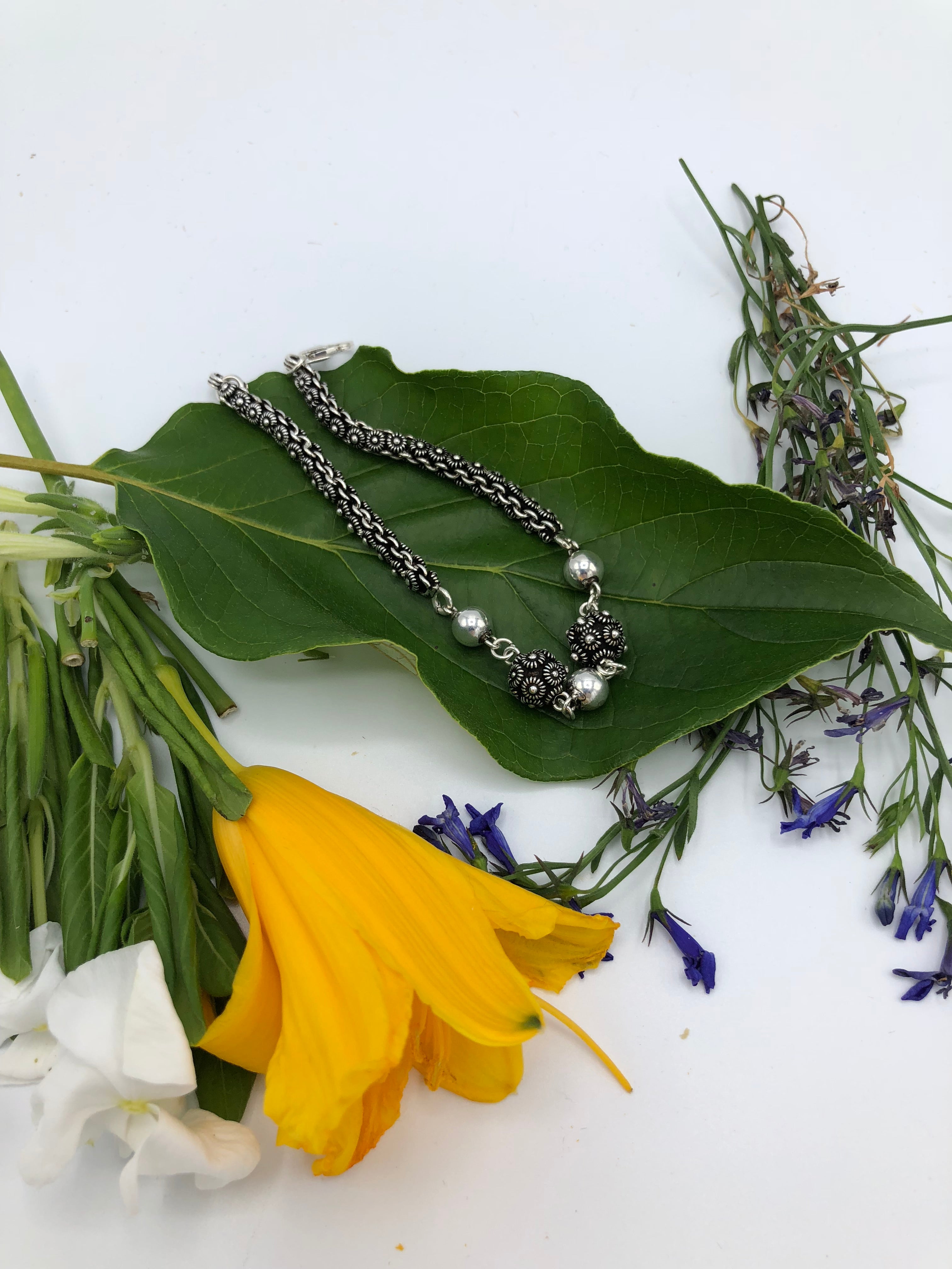 Sterling Silver bracelet - Silver beads, rope and antiqued silver balls