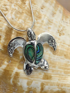 Large Sterling Silver Sea Turtle - Abalone Pendant