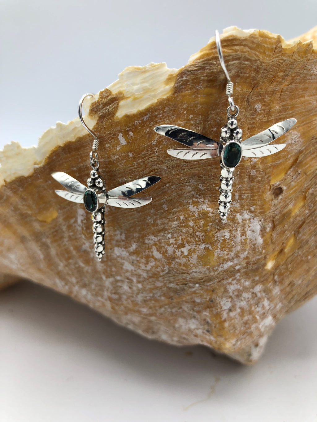 Dragonfly Earrings with green quartz