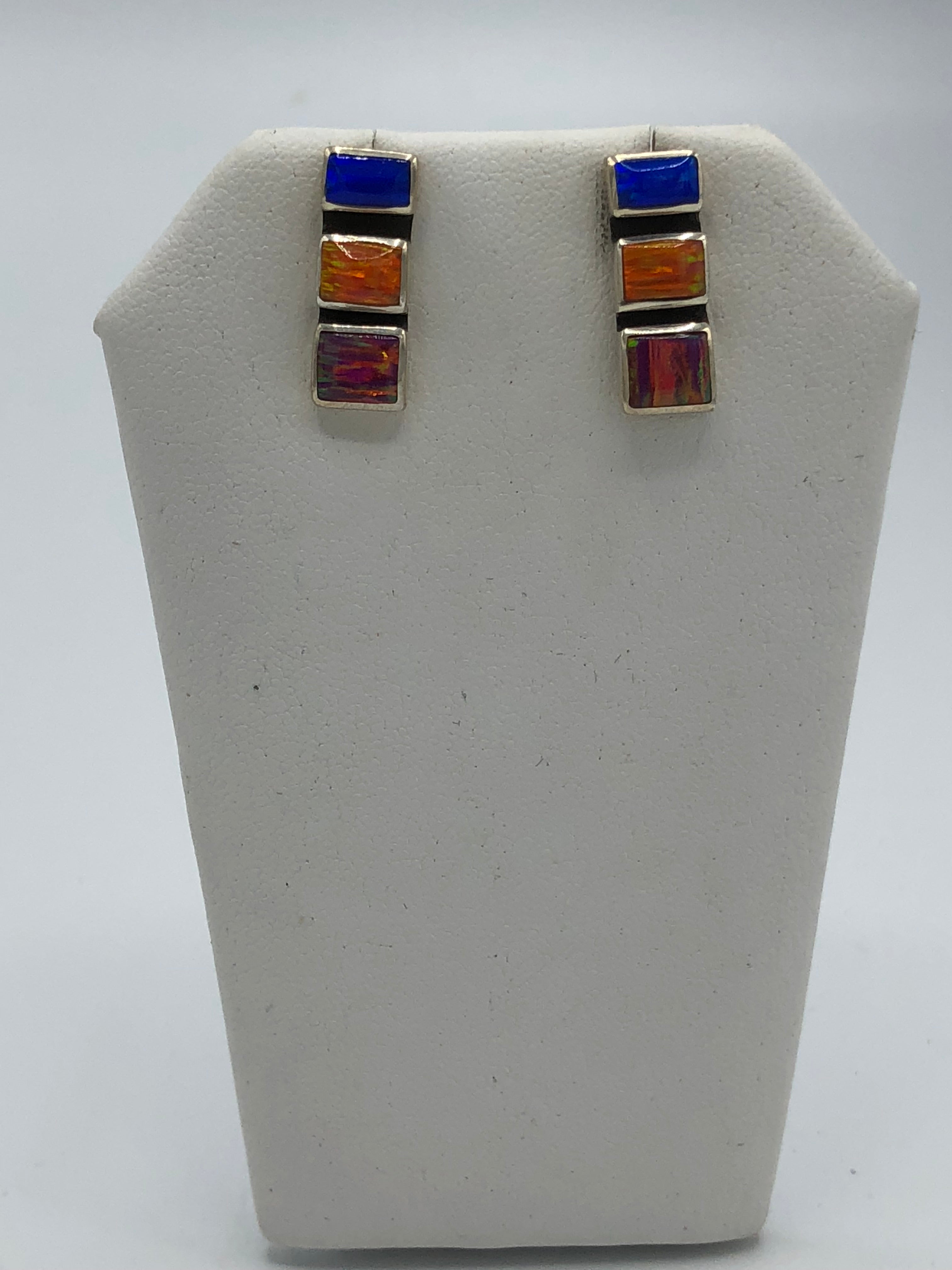 3 Stone Mosaic Sterling Silver Earring, multi colored