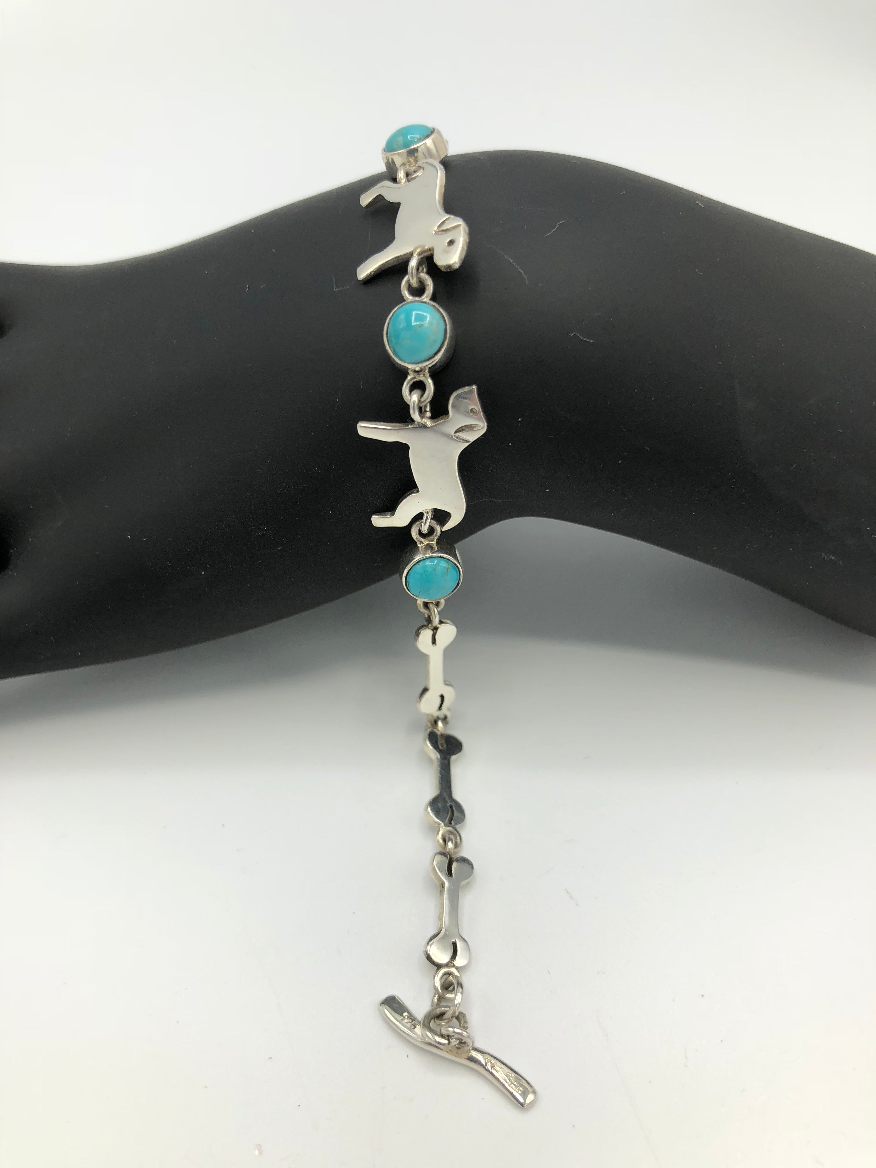 Sterling silver dog and bone with turquoise bracelet