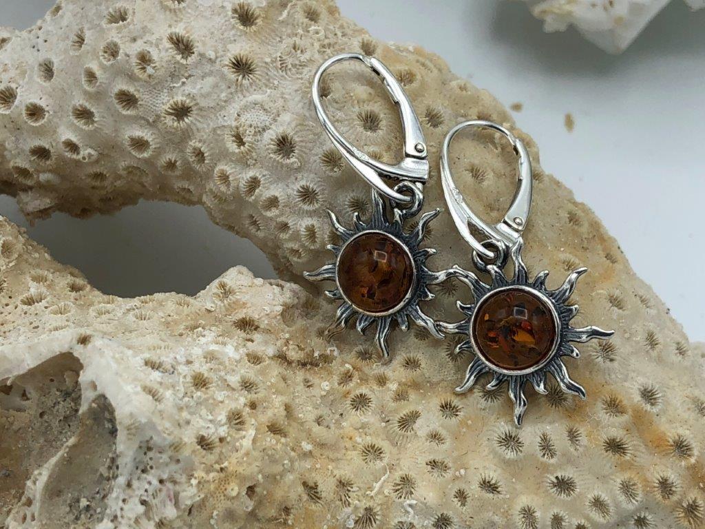 Baltic Amber Sun Earrings antiqued